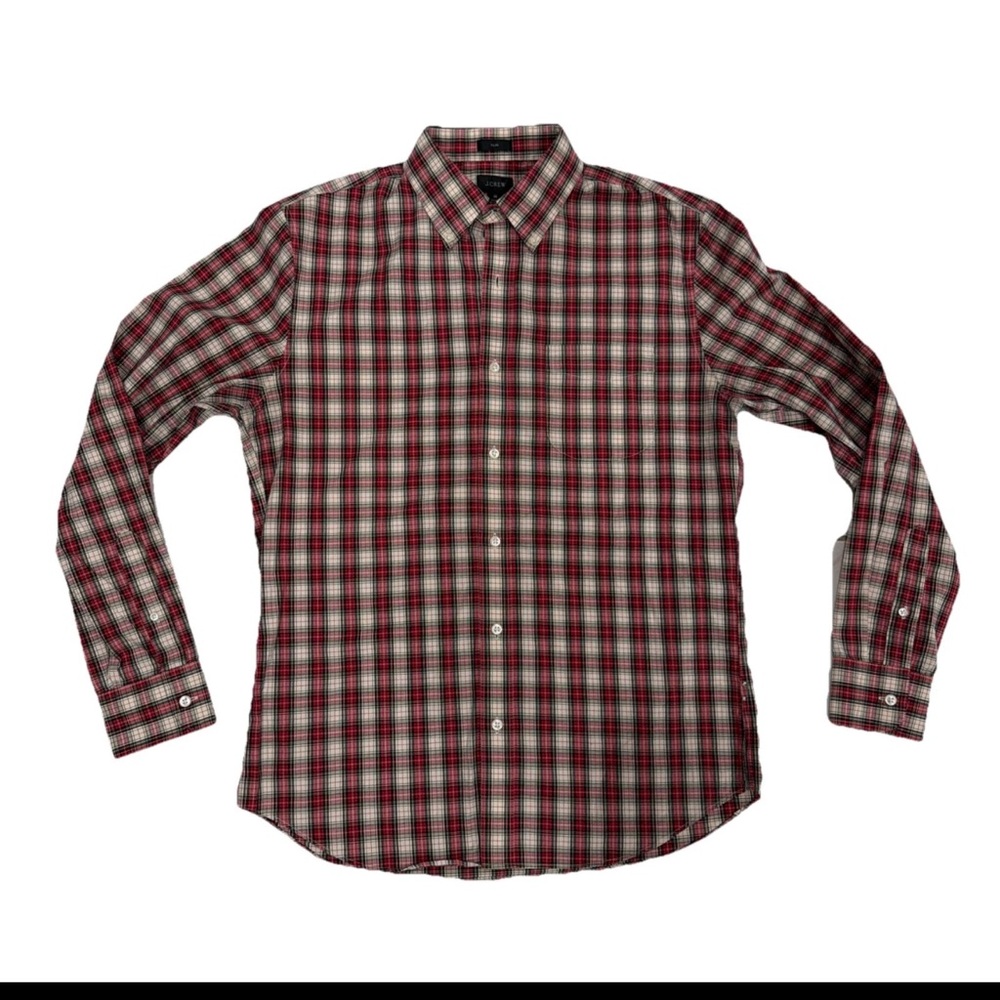 J.Crew Slim Fit Plaid Button Down Shirt Men’s Medium Red Cream Black Cotton